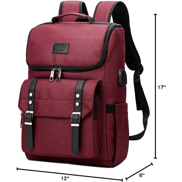 YALUNDISI Vintage Backpack Travel Red Laptop bag with USB Charging Port.
